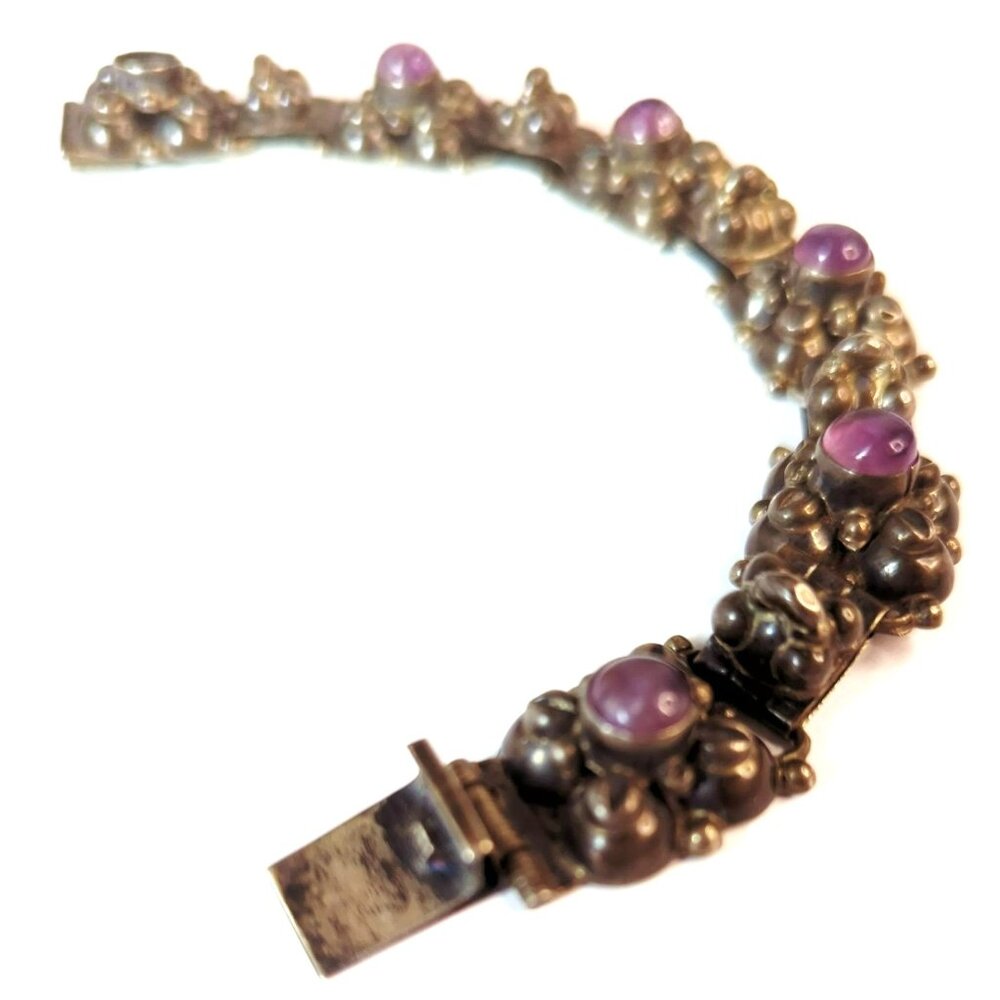 Vintage Sterling Silver Amethyst Cabochons Link Bracelet, Missing One Stone - Picture 4 of 7